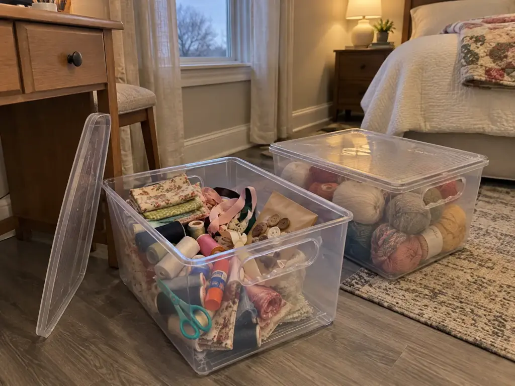 Clear lidded storage bin half full of thread, fabric scraps and notions beside a second closed bin on a bedroom floor