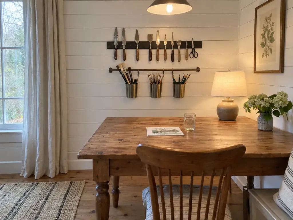 Wall above a table with palette knives on a magnetic bar and metal cups of brushes hanging on a rod