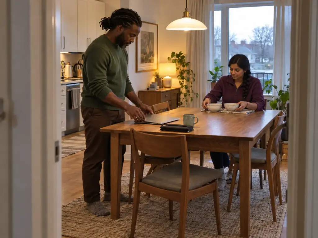 Portable Home Office Setup That Clears Off the Dinner Table 10 Man closing a laptop at one end of the dining table while his wife sits at the cleared other end with two bowls for dinner