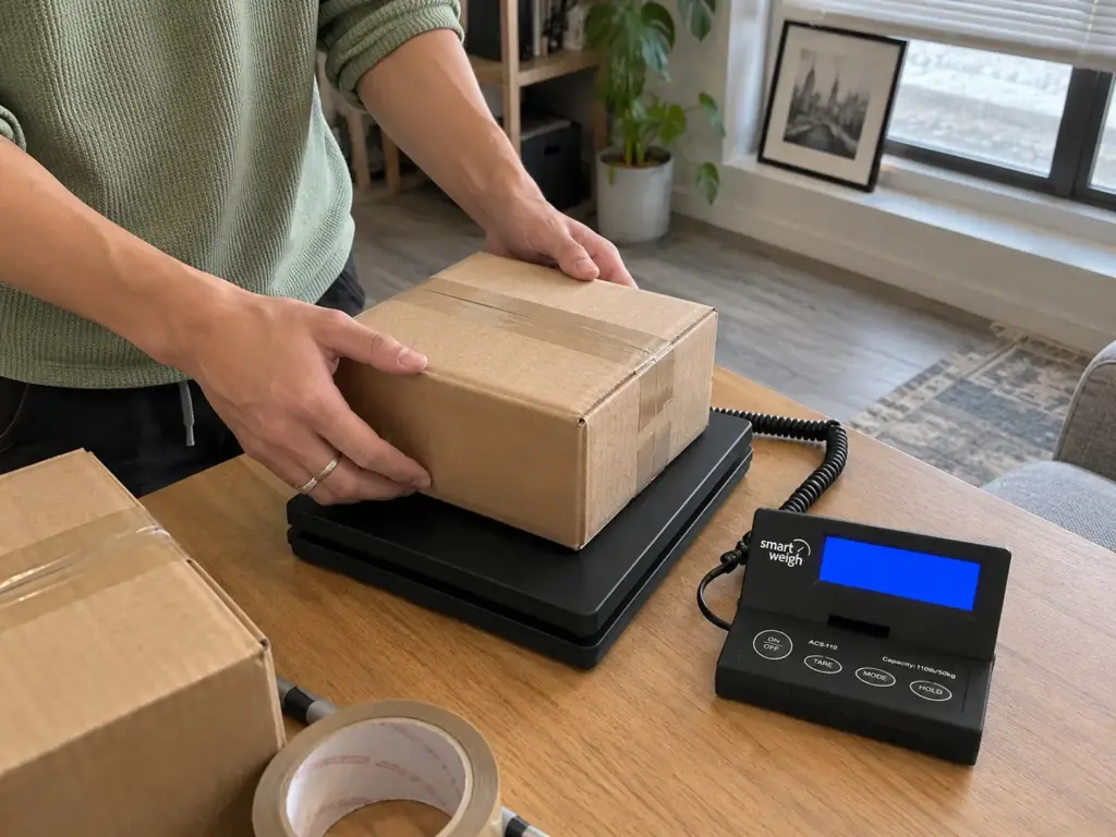 A man's hands lower a small cardboard box onto a Smart Weigh shipping scale on a folding table