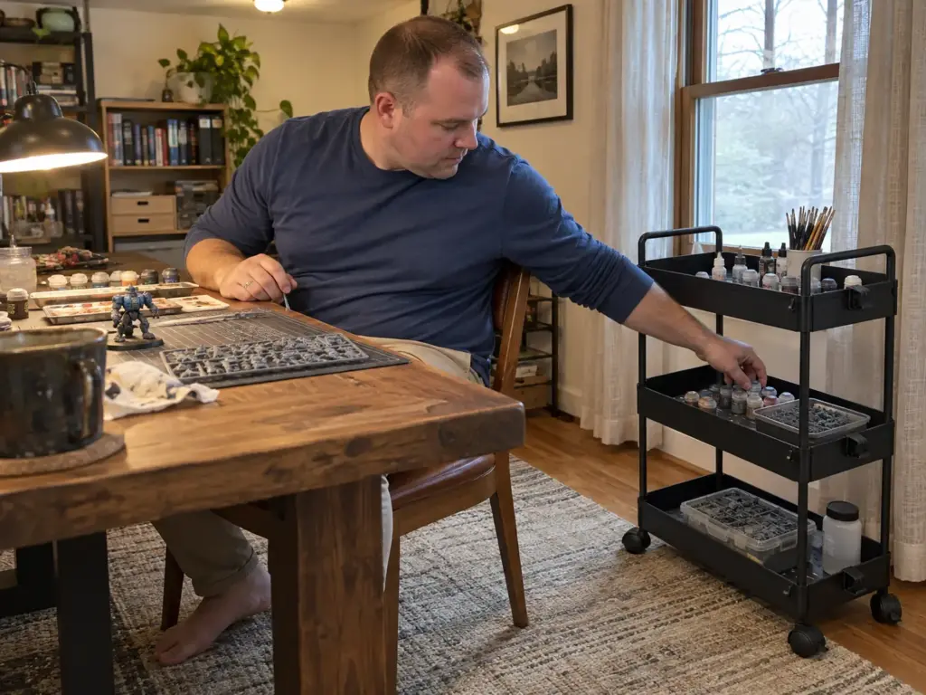Man seated at a craft table reaching into the middle tier of a slim rolling cart parked beside his chair