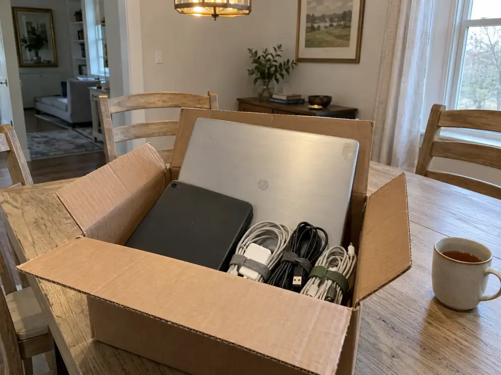 A cardboard box on a dining table holds an old laptop, a tablet face down and coiled chargers, ready for an e-waste trip