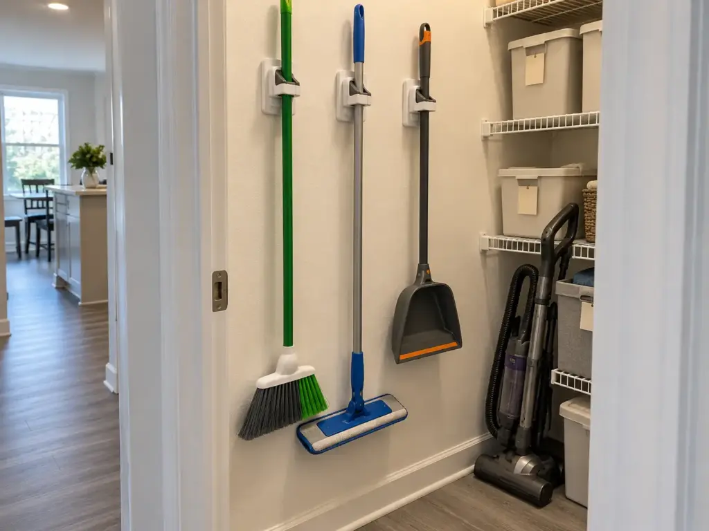 A broom, a flat mop and a dustpan hang from three Tinkeep no-drill grippers on a utility closet wall
