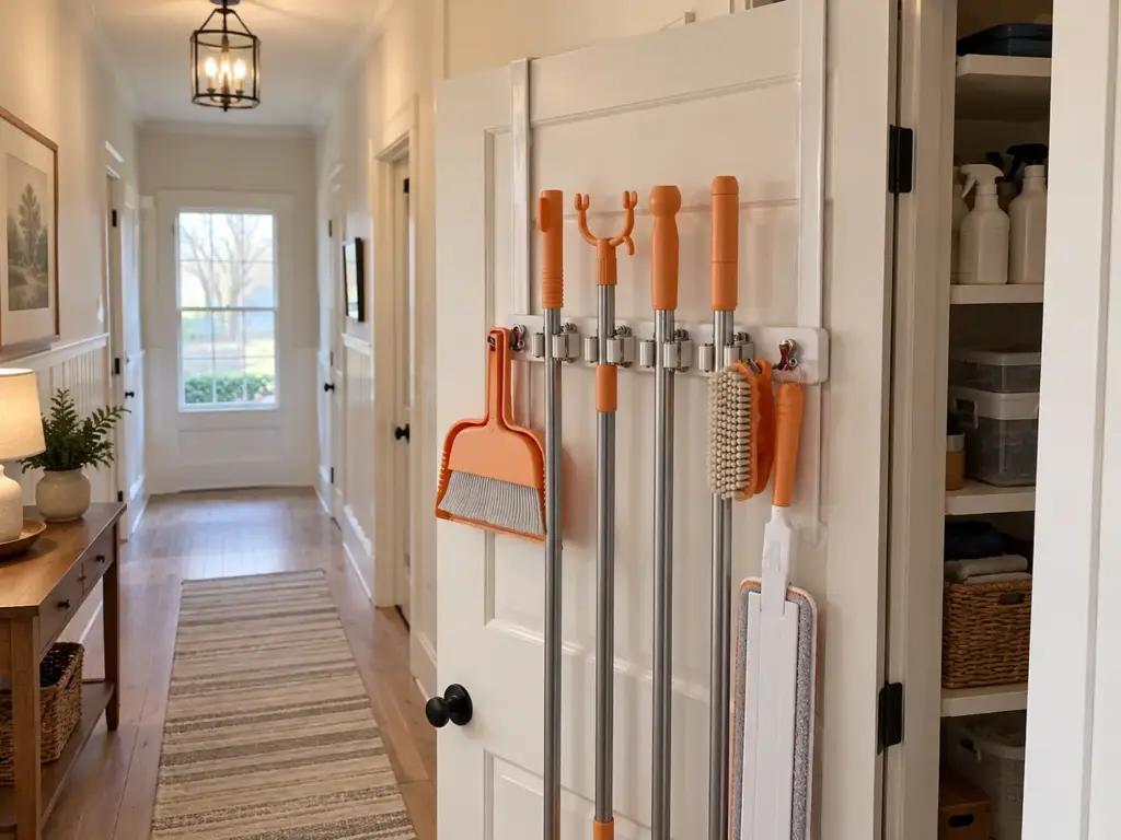 Best Cleaning Supply Organizers for the Space You Have 9 A white broom and mop holder hanging over a closet door with a push broom, a flat mop and a dust pan held off the floor