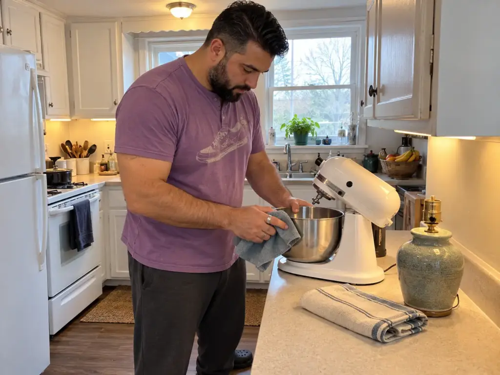A man wipes down a small white stand mixer on a kitchen counter, getting it ready to sell, with a lamp set beside it