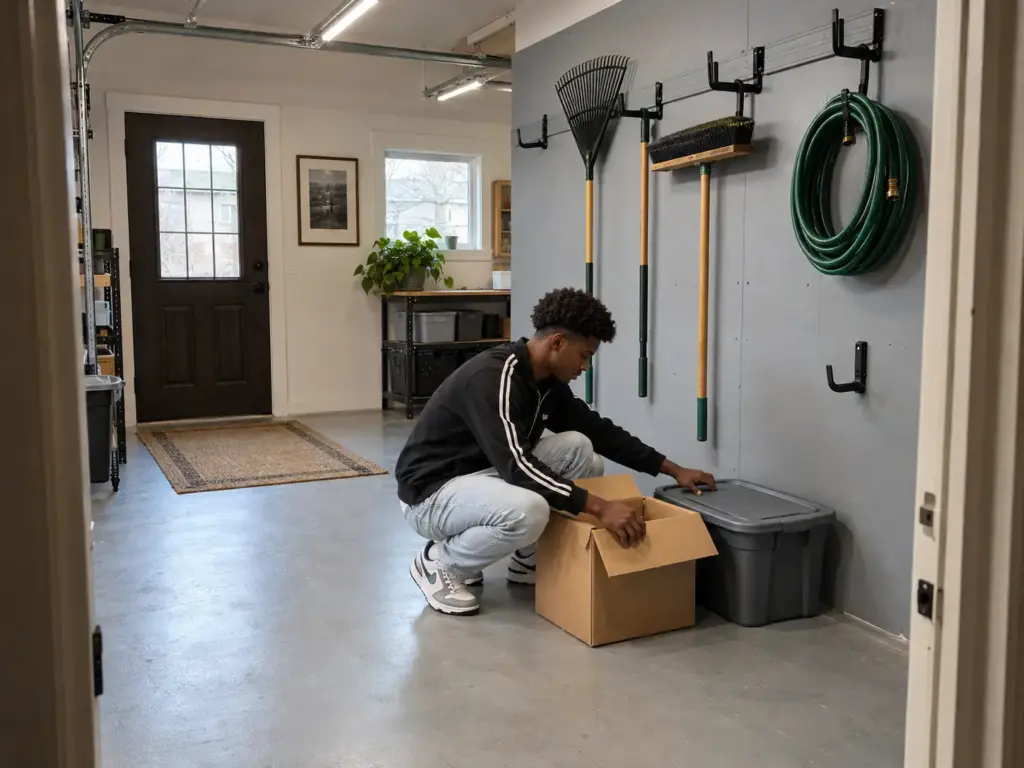 Young man crouching at the foot of a garage wall sorting a donation box next to a lidded tote and low hooks