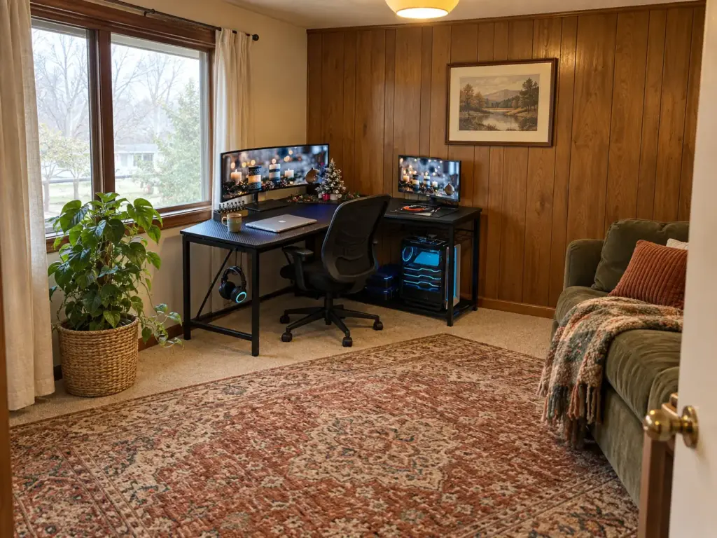 L-shaped desk fitted into a living room corner with the chair tucked in and open floor in front of it
