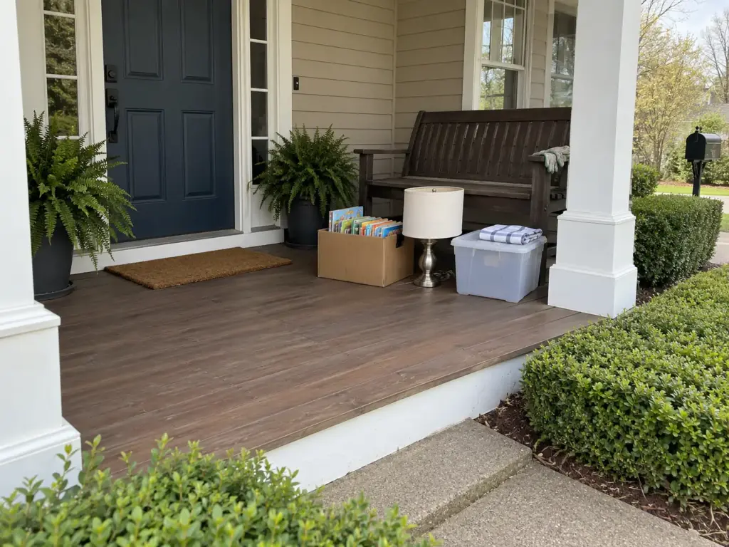 A box of children's paperbacks, a table lamp and a lidded bin on a front porch, set out for a neighbor to pick up