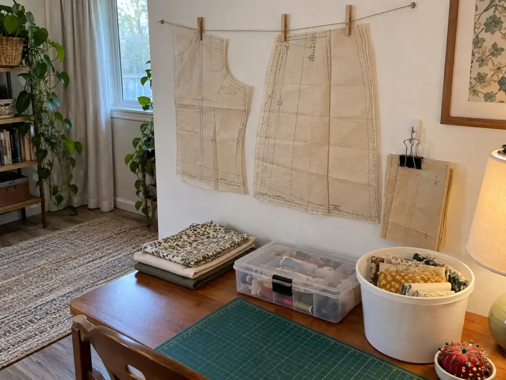 Sewing Room Organization That Sewists Actually Keep Up 9 Budget sewing storage: clothespin string with patterns, binder clips on a hook, a tackle box and a bucket of fabric