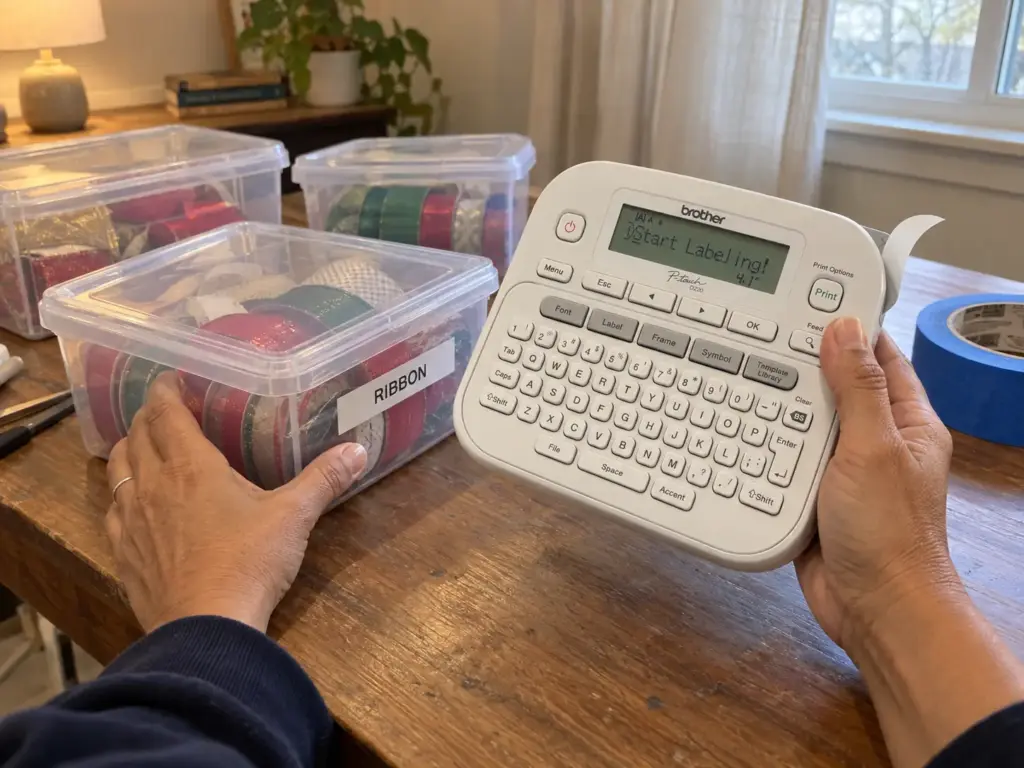 Hands holding a label maker beside a clear lidded craft box with a fresh white label strip stuck to its front