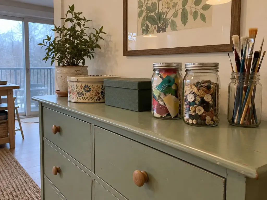 Painted thrifted dresser topped with Ball mason jars of vinyl scraps and buttons, a saved jar, a tin and a shoe box