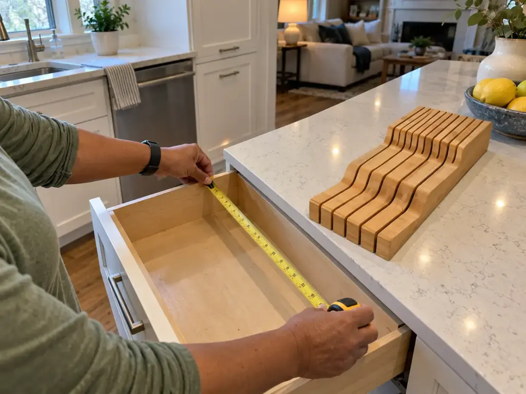 A woman's hands lay a tape measure along the inside of an emptied kitchen drawer beside an in-drawer knife organizer