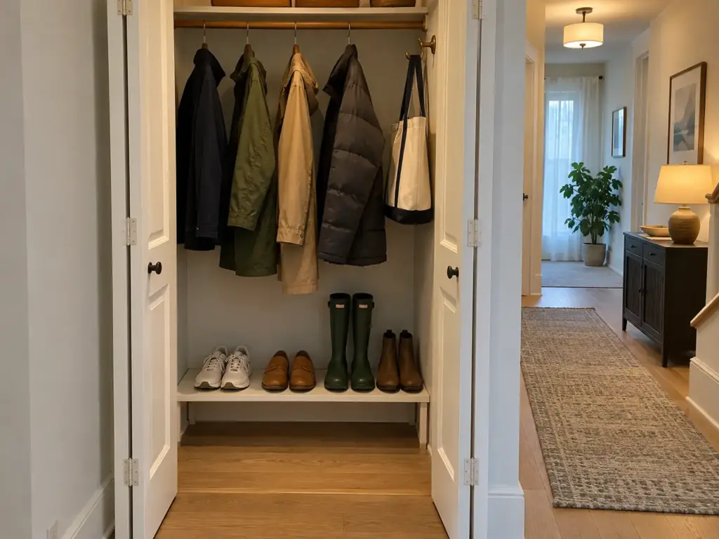 An entry closet with its doors open shows one front row of shoes on a low shelf and coats hanging above