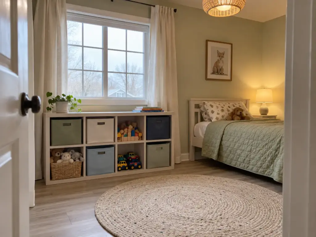A low open shelf in a child's bedroom holds toys in separate bins by type, all within a child's reach