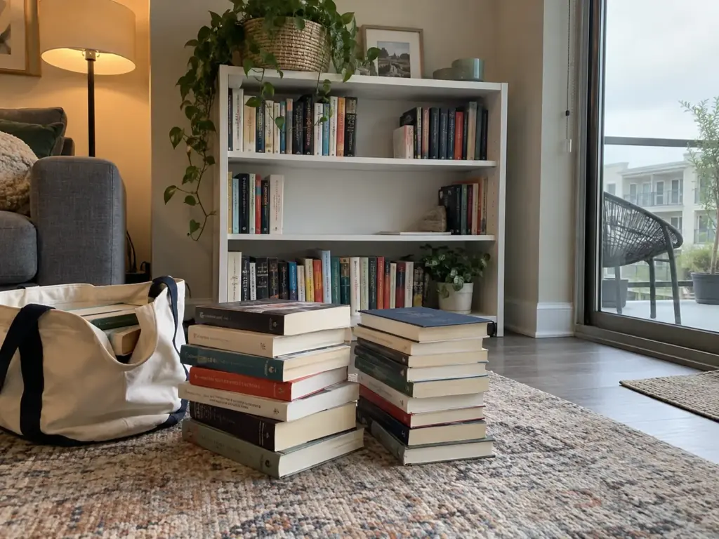 A low bookshelf with a stack of books pulled out onto the floor beside a canvas tote in a living room
