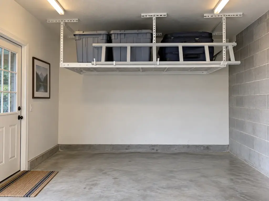 Best Garage Storage Systems by What You Actually Store 12 Finished overhead garage rack near the ceiling holding two lidded totes and a suitcase, seen from the doorway
