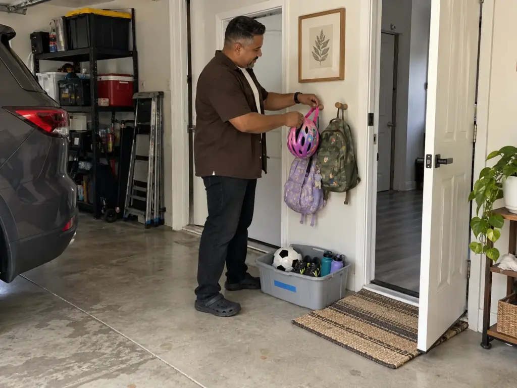Garage Organization Ideas on a Budget, in the Right Order 9 Man hanging a kid's helmet on a peg next to a bin at a garage drop zone by the interior door