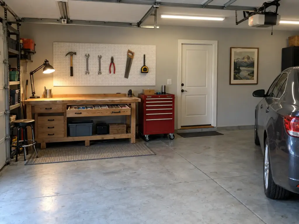 White pegboard wall in a garage with hand tools hung in their own spots above a workbench and a steel roll cabinet