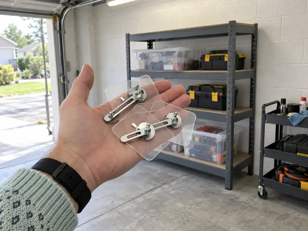 7 Garage Tool Organization Ideas That Fit Each Tool 11 A man holds a pack of adhesive furniture anchors in his palm beside a low freestanding shelf and a rolling cart in a garage