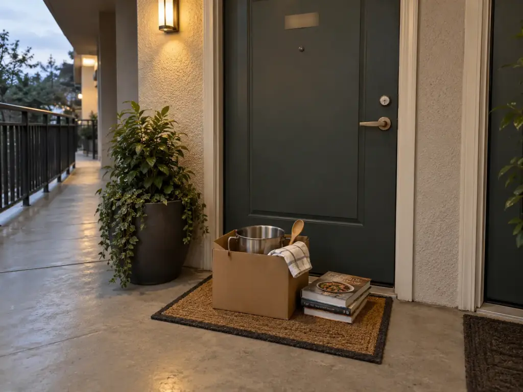 A cardboard box of kitchen items and a stack of cookbooks sit on the doormat outside an apartment door for a pickup