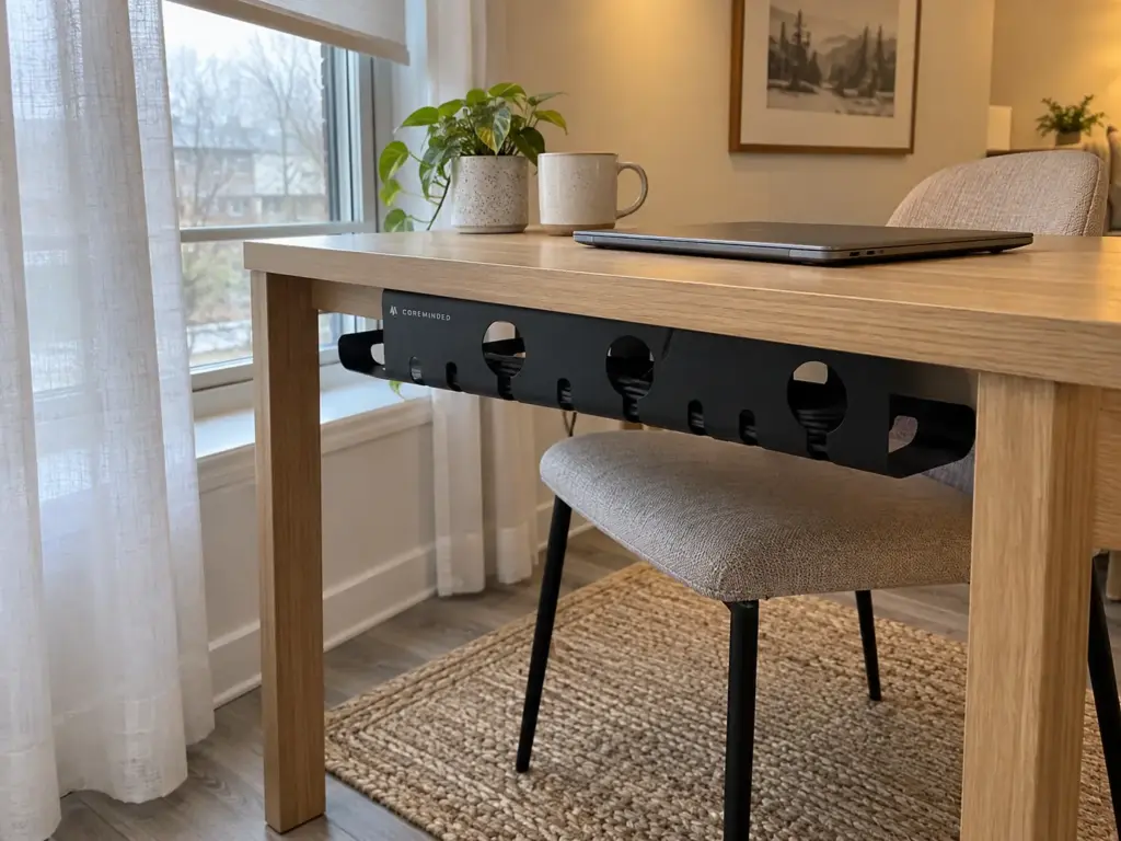 6 Home Office Ideas for Small Spaces Compared by Footprint 9 Small desk set at a right angle to a window with an armless chair tucked in and a tidy under-desk cable tray