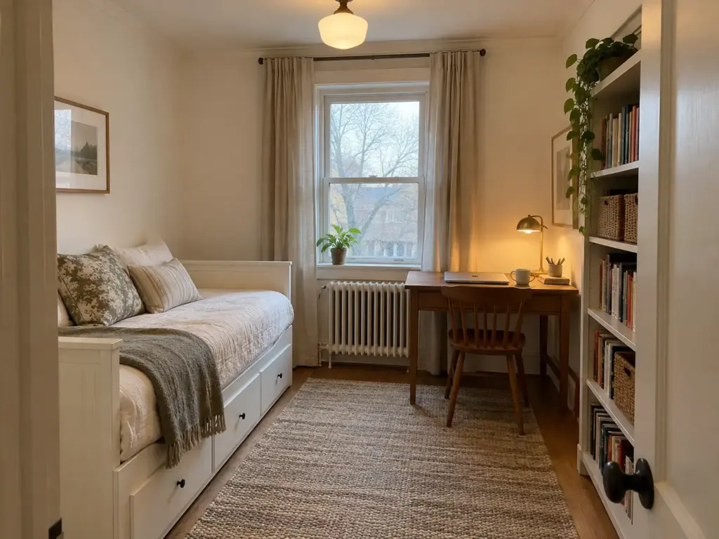 Home Office in Bedroom Ideas That Survive Week Three 8 Small guest room with a daybed and a writing desk by the window, a laptop closed on the desk and folded linens on the daybed