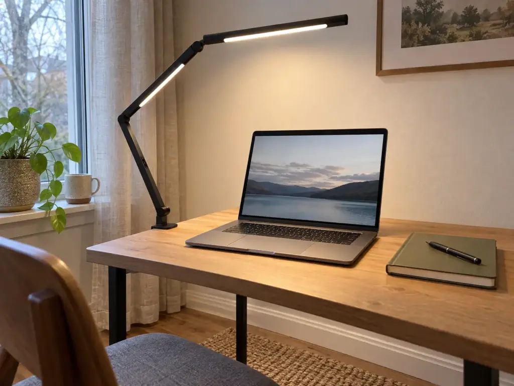 Clamp-on swing-arm desk lamp lit over a laptop and notebook on a small desk with the window to the side