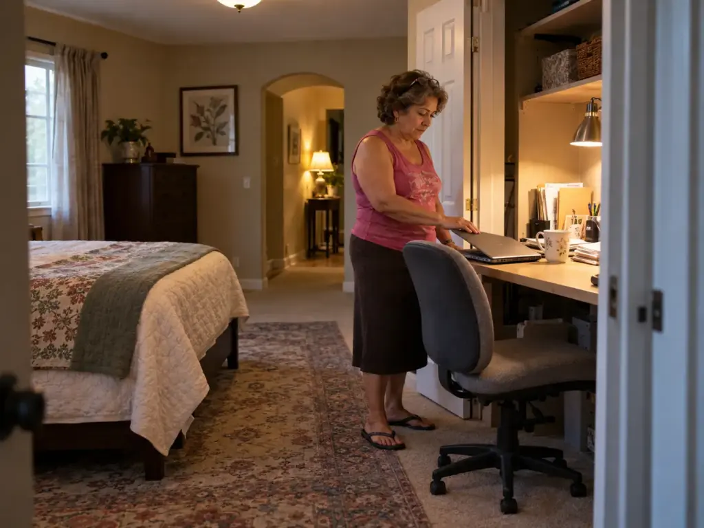 How to Create a Home Office in a Closet You'll Still Use 8 Woman closing her laptop at the end of the day at a closet desk, the office still in use three months on