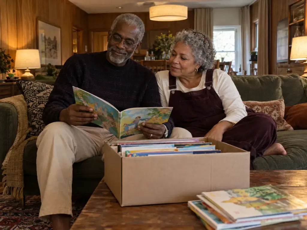A couple sit on a sofa going through a box of old children's picture books on the coffee table between them