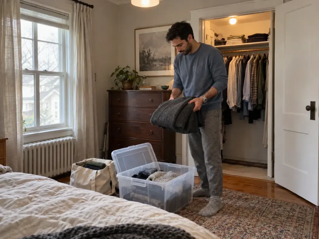 A man in a faded blue sweatshirt holds a folded coat beside a lidded bin and a tote in front of an open closet