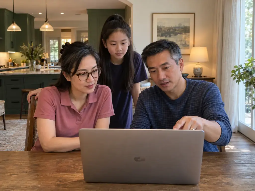 A couple and their daughter gather around a laptop at the dining table to decide who owns the family photo folders
