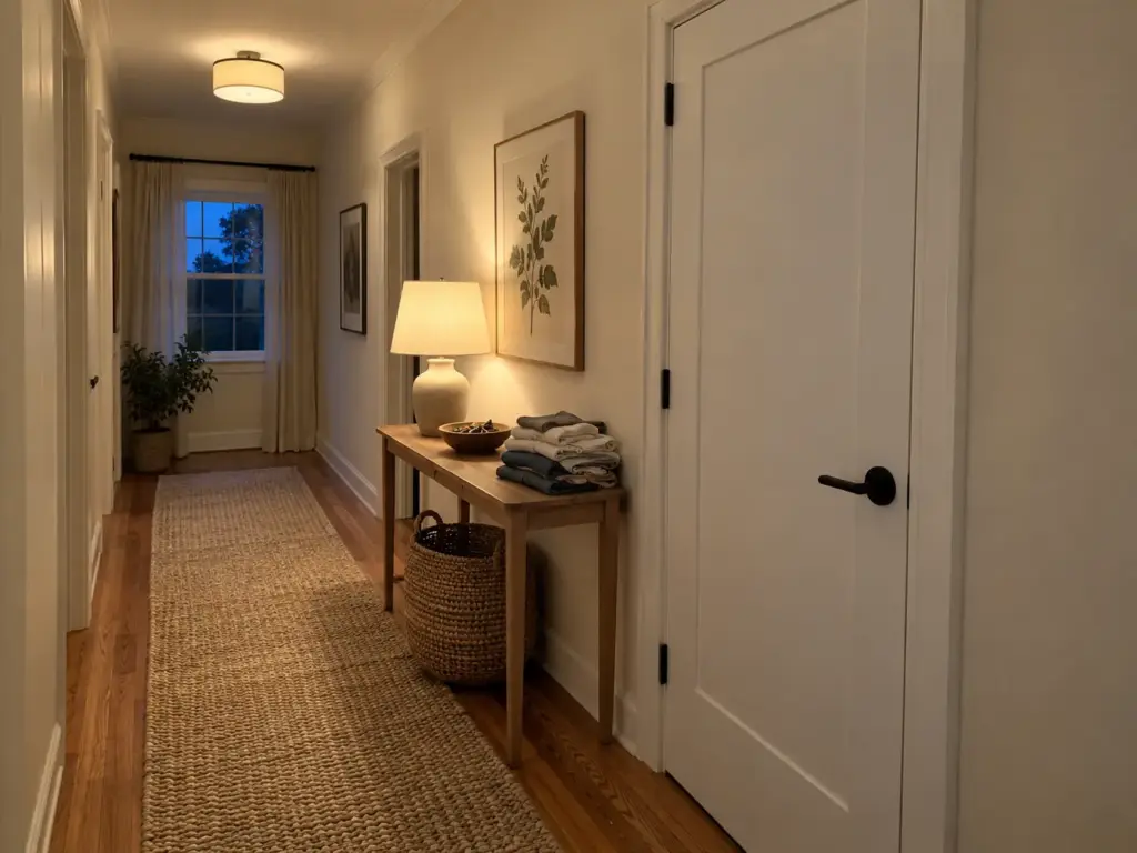 How to Organize a Utility Closet That Still Shuts 10 A hallway utility closet door shut flush in its frame beside a console with a lit lamp and a basket