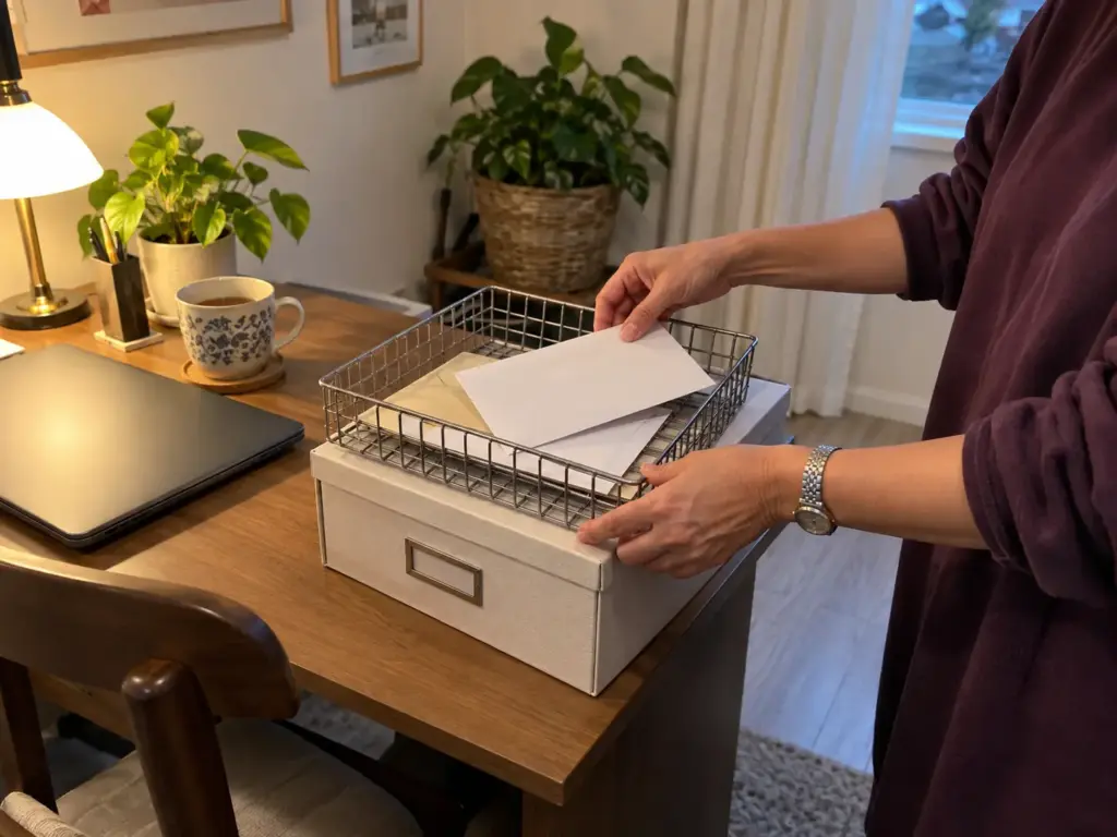 Hands dropping an envelope into a paper tray on a file box, the monthly habit that keeps document organization working