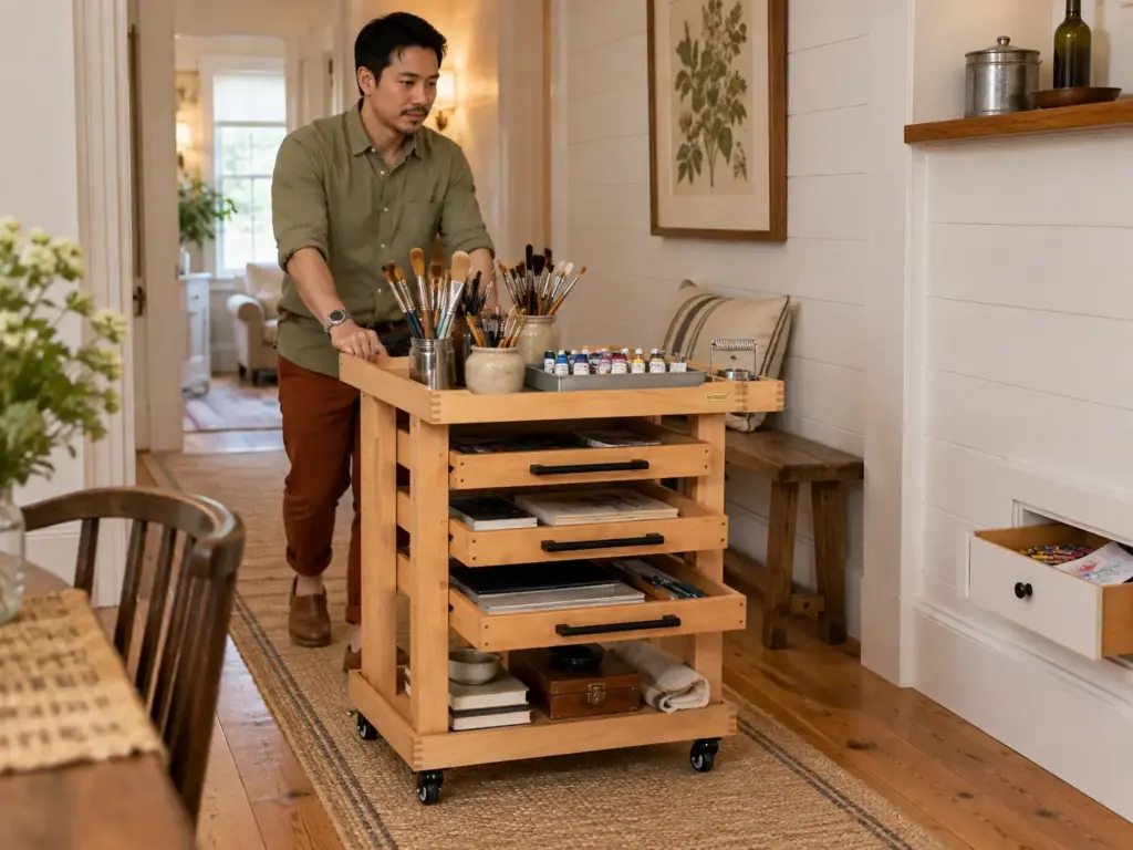 Man rolling a five-tier wooden art cart down a hallway past a high shelf with a closed metal can