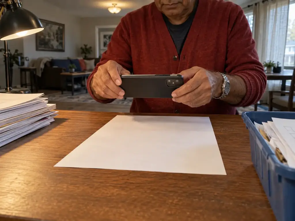 A man's hands holding a phone over a paper document on a table to scan it, the phone's back facing the camera