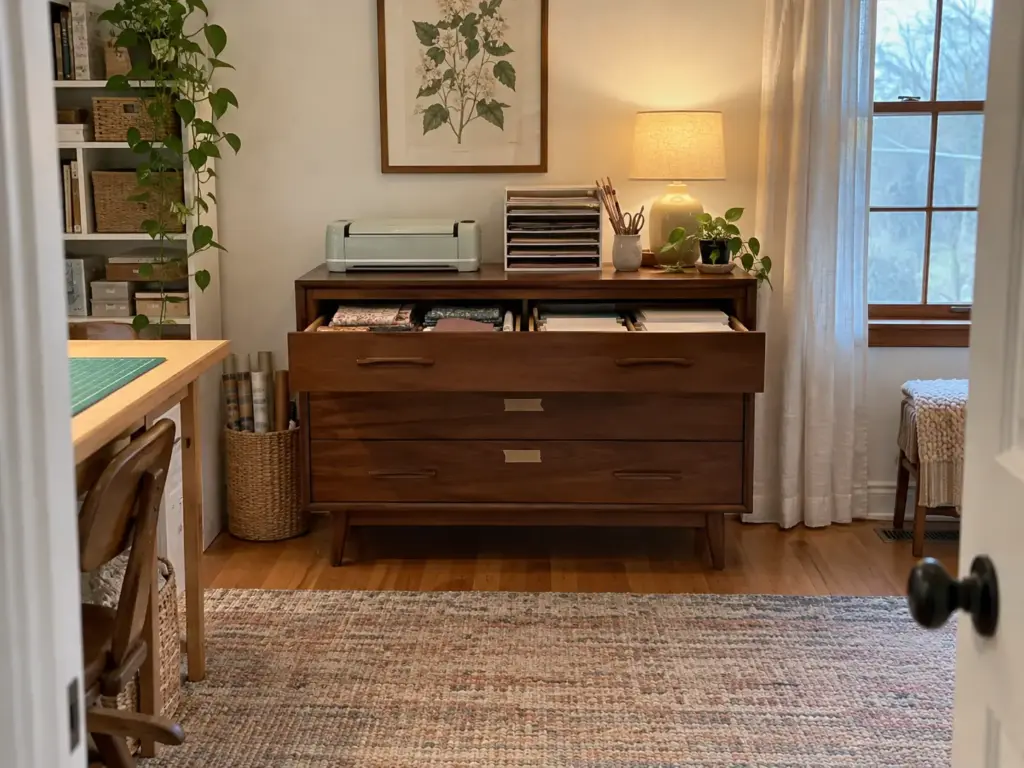 Secondhand wooden dresser in a craft room with a cutting machine on top and the top drawer half open