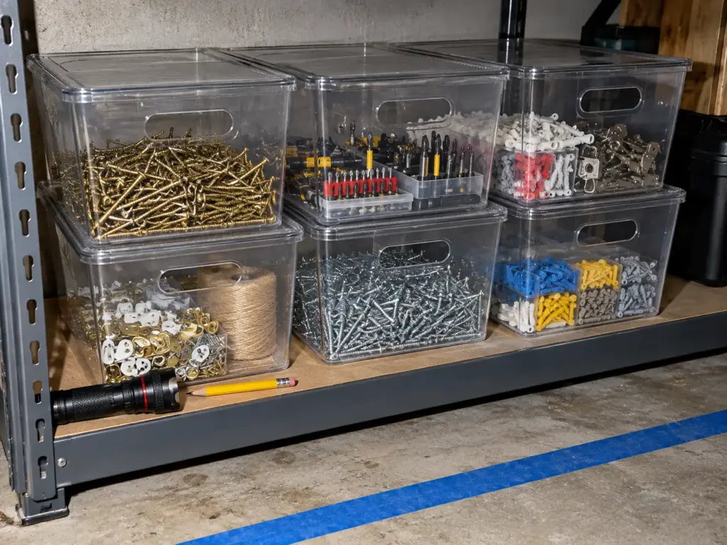 Car Still Has to Fit? Small Garage Organization Tips 8 Clear stackable Vtopmart bins of screws, drill bits and fasteners sit on a low shelf in a garage corner