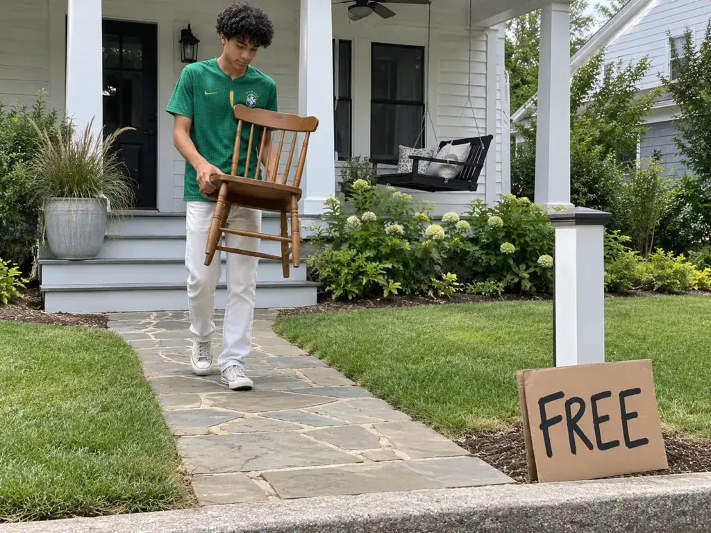 A teenager carries a small wooden chair down the porch steps toward a cardboard FREE sign at the end of the front walk