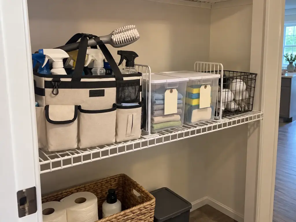 A cleaning caddy with spray bottles, clear lidded bins and shelf dividers on a utility closet shelf