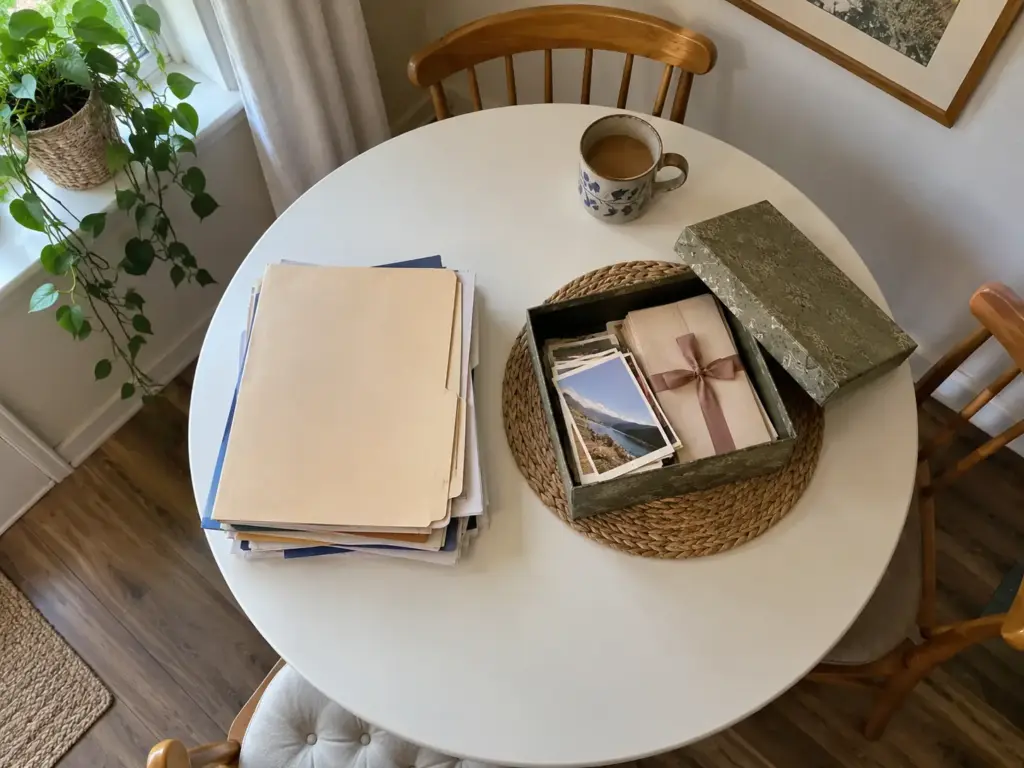 A stack of folders and a small keepsake box holding photographs and envelopes sit on a dining table beside a window