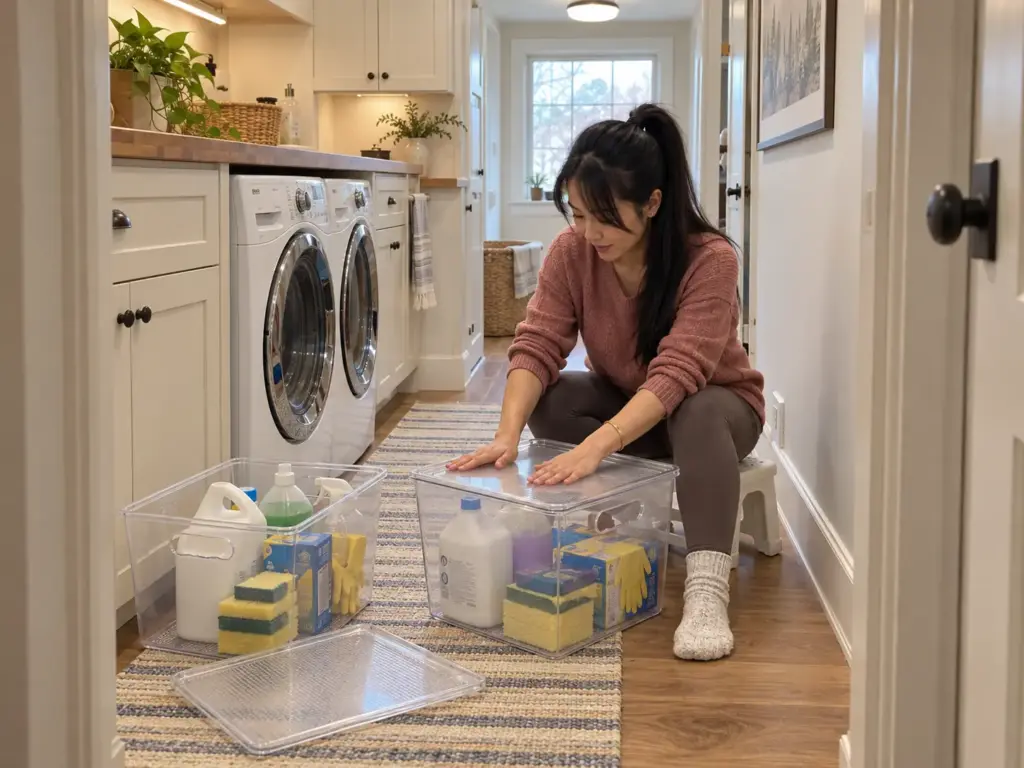 Best Cleaning Supply Organizers for the Space You Have 10 A woman on a low step stool presses the lid onto a clear stackable bin of cleaning backstock, more bins beside her
