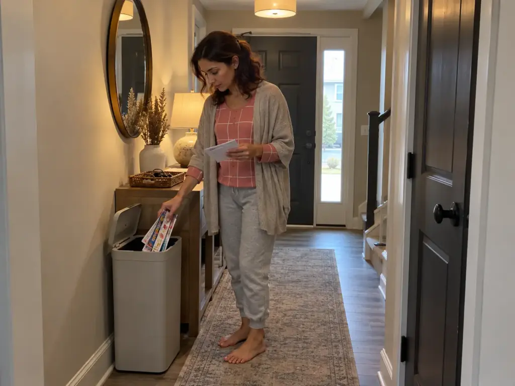 Why Going Paperless at Home Fails and How to Make It Stick 9 Woman standing at an entry console sorting the day's mail over a recycling bin, dropping junk mail straight in