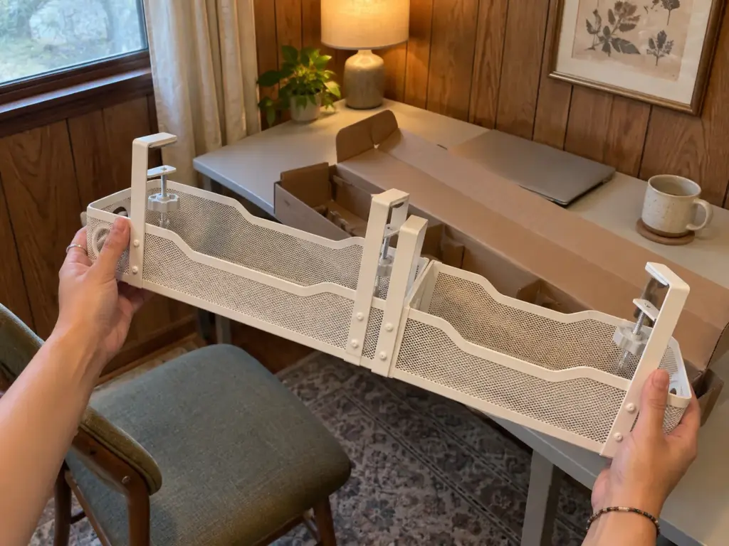 Hands holding a black steel-mesh clamp-on cable tray above a compact desk before it is fitted underneath