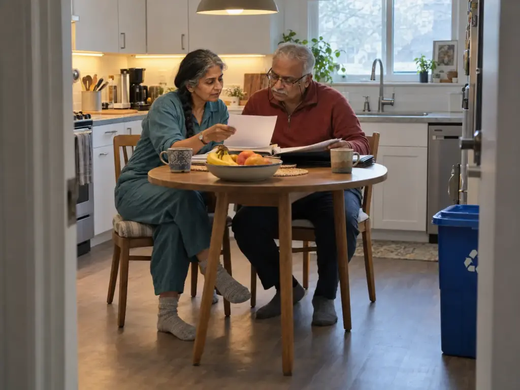 A couple at the kitchen table going through one folder of papers, a recycling bin on the floor beside them