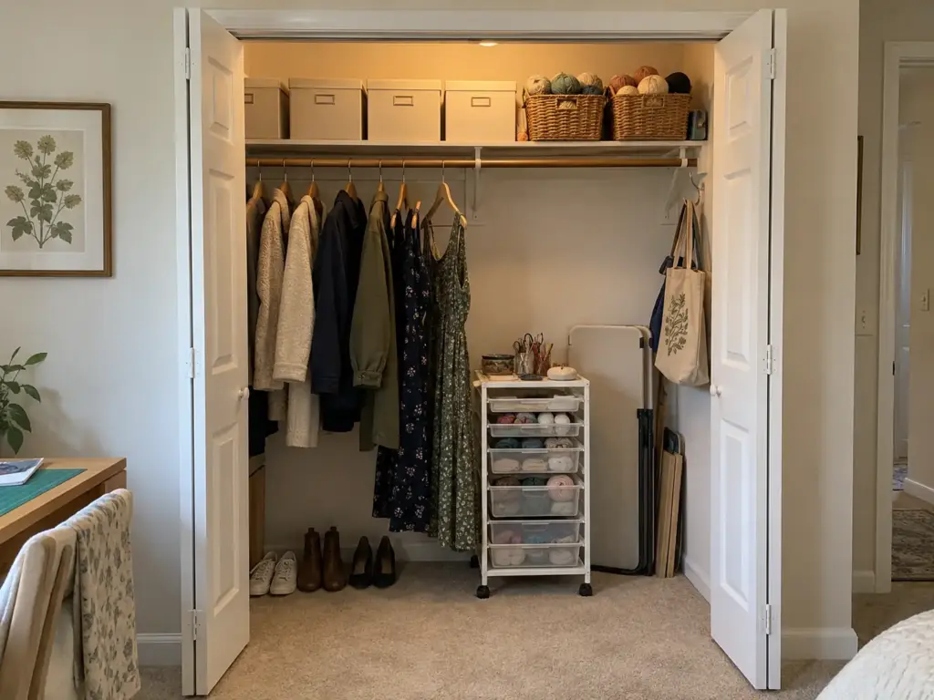 Reach-in craft closet with a few clothes on the rail, light boxes on the shelf above and a small cart on the floor