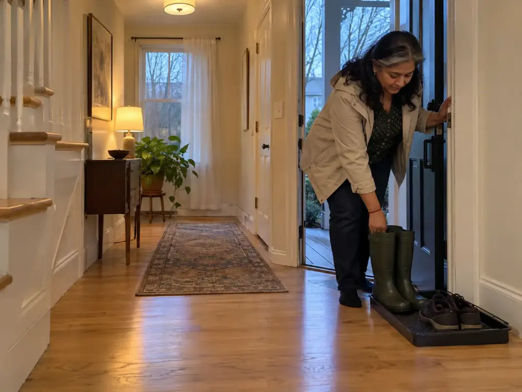 A woman in a rain jacket sets her boots on a boot tray by the door at the end of the day, the hall floor clear behind her