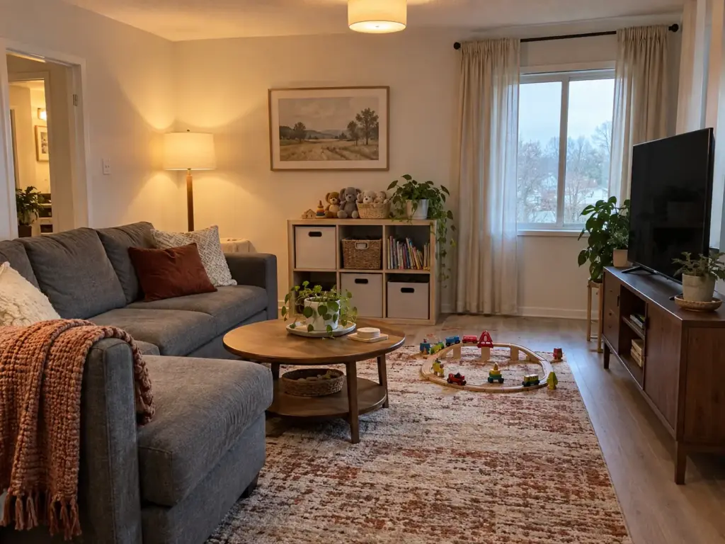 A freestanding cube shelf with toy bins sits in the corner of a small living room next to the sofa
