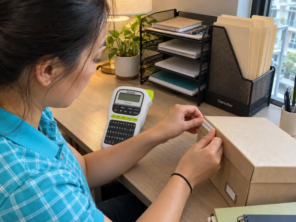 A woman's hands press a freshly printed label strip onto a file box beside a desk file holder full of folders