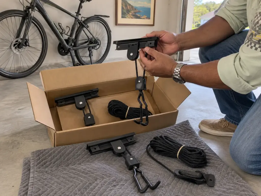 Hands lifting a pulley housing from the open box of a RAD Sportz bicycle hoist kit on a garage floor beside a bike