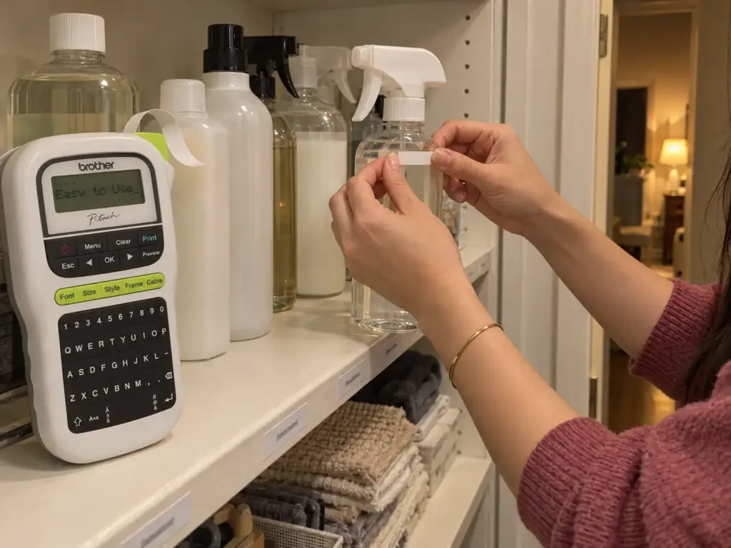 Best Cleaning Supply Organizers for the Space You Have 11 A woman's hands press a short label strip onto a spray bottle beside a Brother P-Touch label maker on a closet shelf
